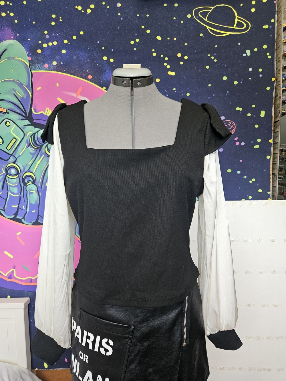 Black and White Puff-Sleeve Square-Neck Top